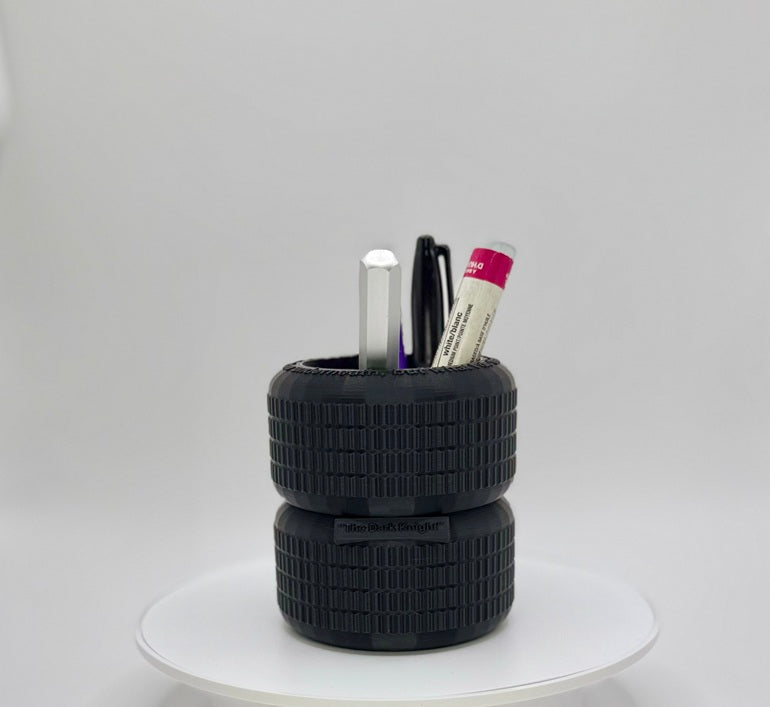Dark Vigilante Cycle Tire Stack Pen Holder with Embossed Phrase | 3D Printed Tactical Desk Organizer | Industrial Office Decor |