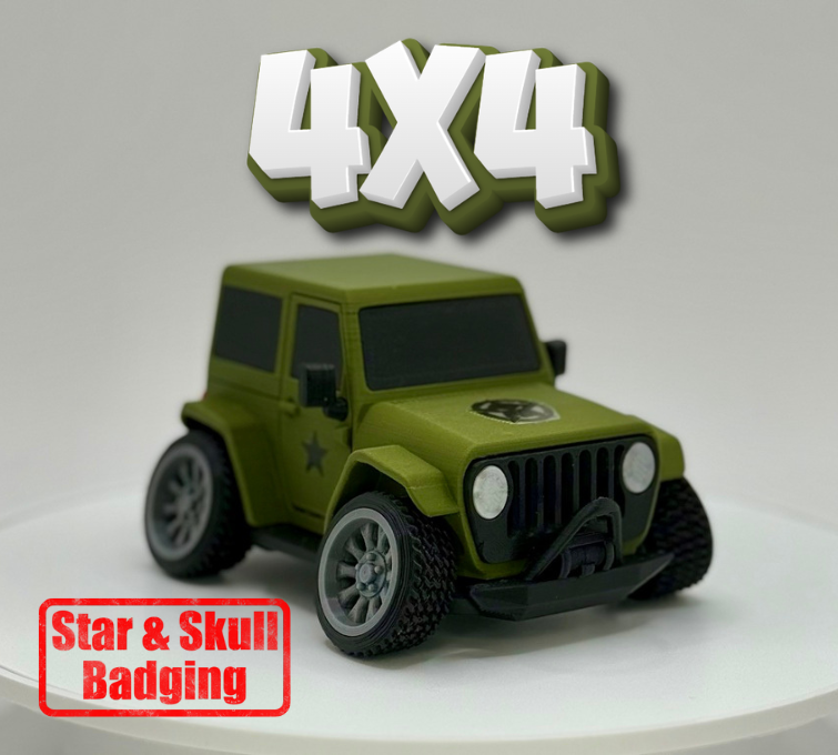 Tooned 2-Door Off-Road 4x4 3D Printed Model | Cartoon Style Truck | Custom Star and Skull Badge | Offroad Desk Decor