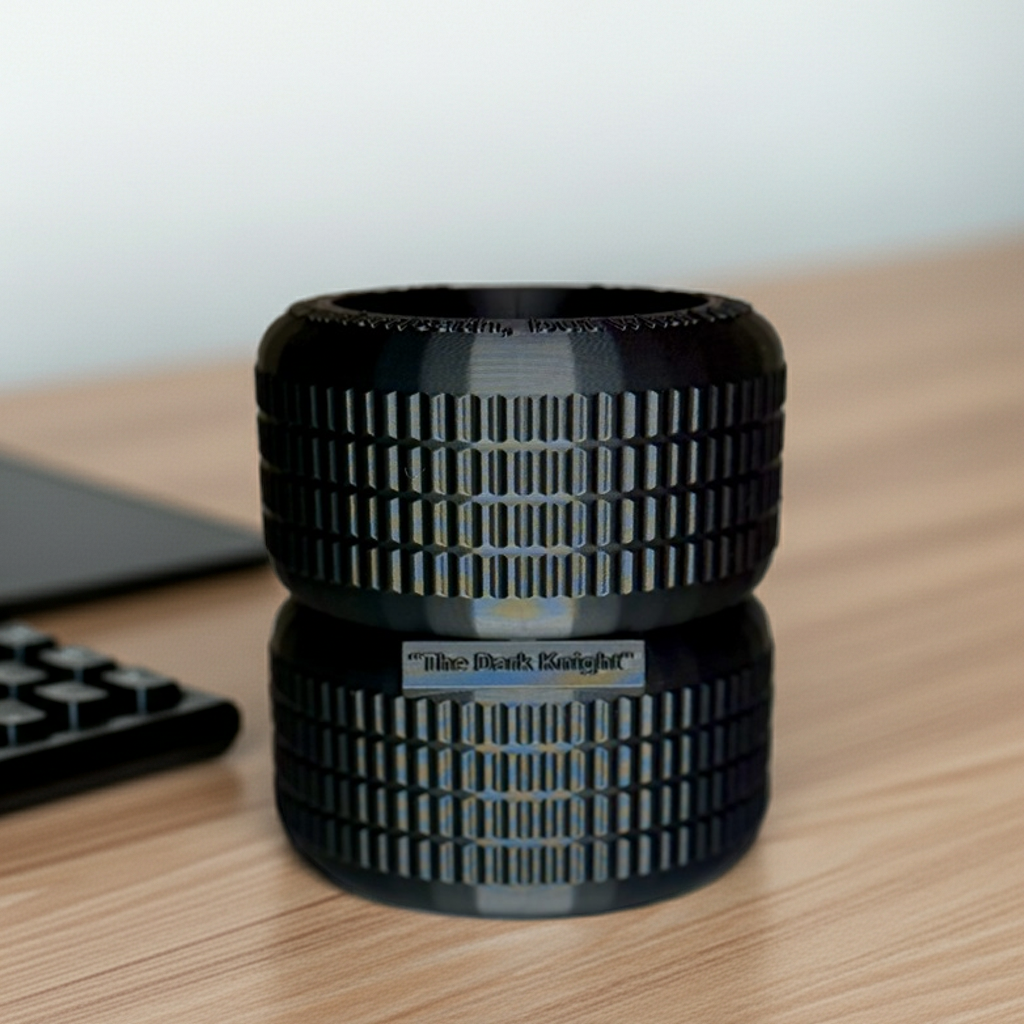 Dark Vigilante Cycle Tire Stack Pen Holder with Embossed Phrase | 3D Printed Tactical Desk Organizer | Industrial Office Decor |