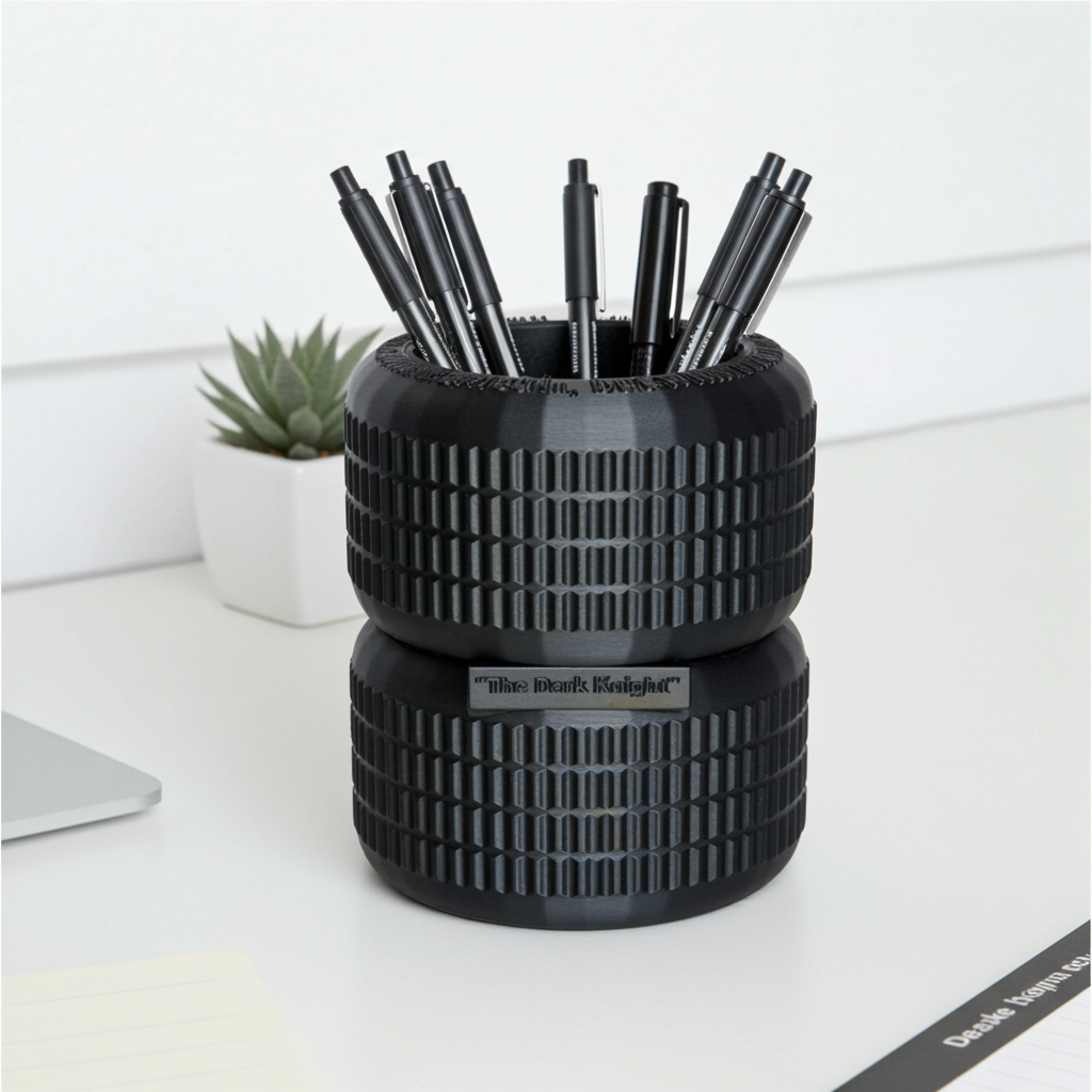 Dark Vigilante Cycle Tire Stack Pen Holder with Embossed Phrase | 3D Printed Tactical Desk Organizer | Industrial Office Decor |