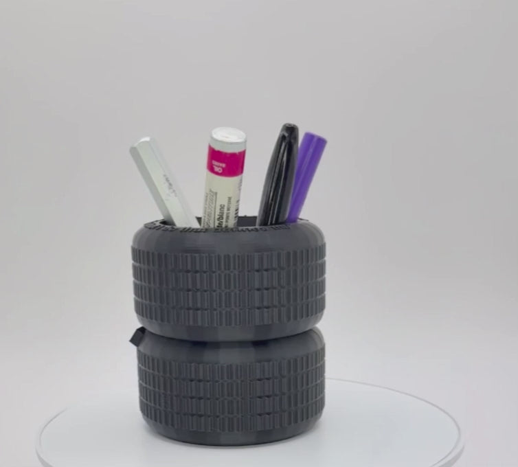 Dark Vigilante Cycle Tire Stack Pen Holder with Embossed Phrase | 3D Printed Tactical Desk Organizer | Industrial Office Decor |